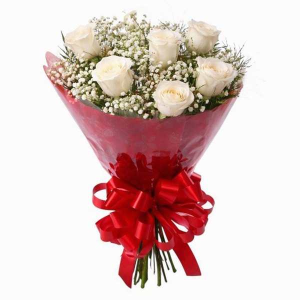 Ramalhete 06 Rosas Brancas + Gipsofilas brancas