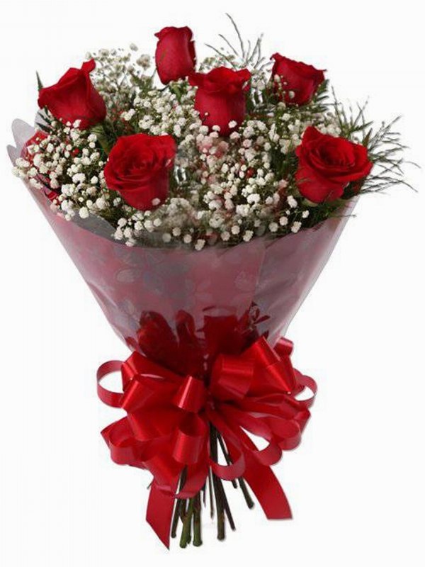 Ramalhete 06 rosas vermelhas + Gipsofilas brancas