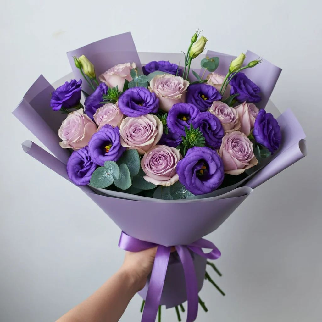 Ramalhete de Lisianthus roxos e rosas