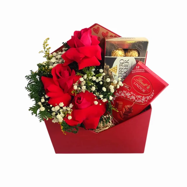 Ramalhete 03 rosas vermelhas + Lindt + Ferrero Rocher